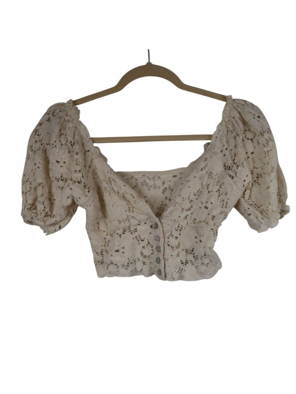 Urban Outfitters S Lace Puff Sleeve Cropped Top Button Front Beige Ivory